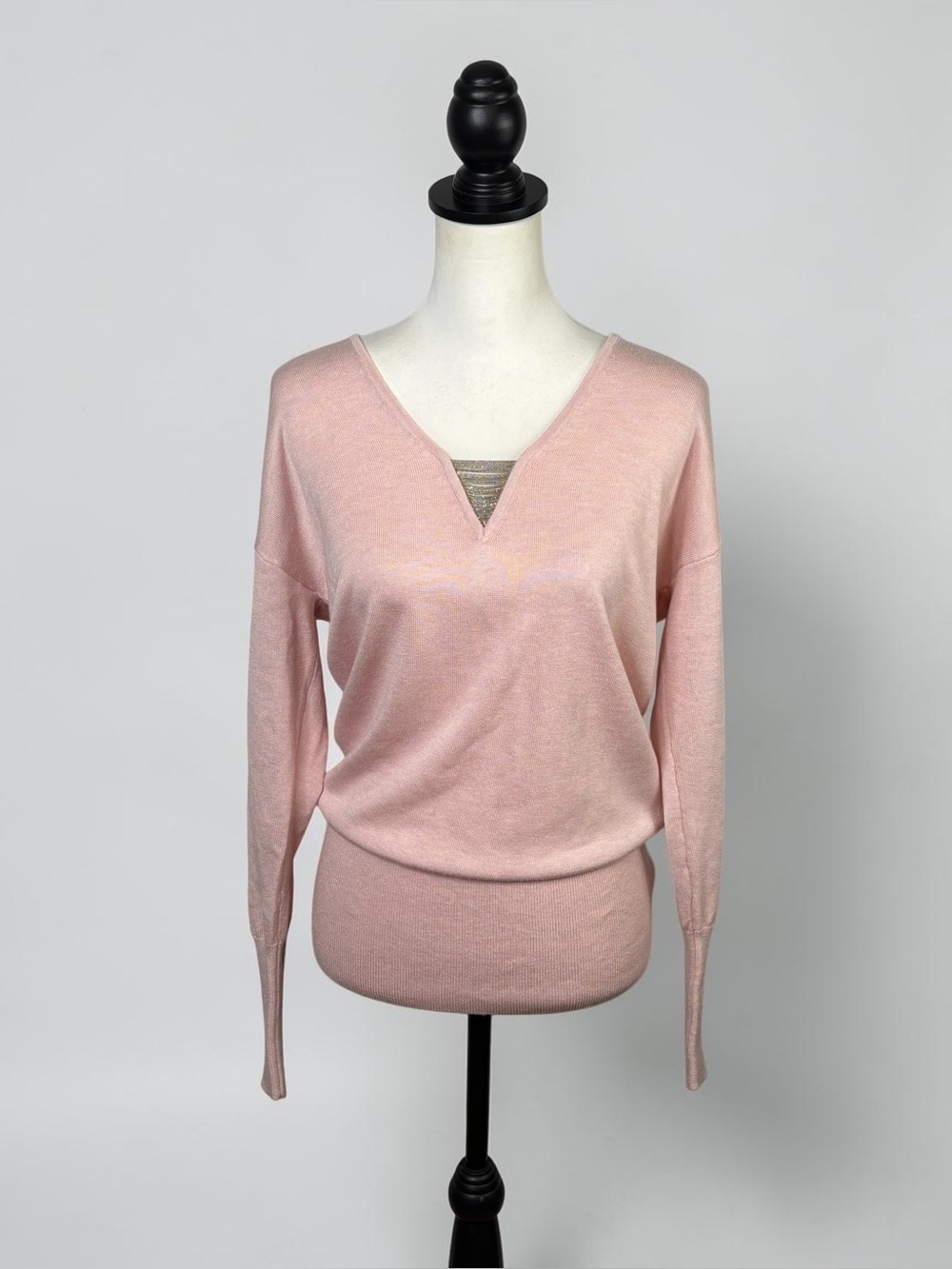 NWT WHBM Heather Rose Pink Ball Chain V-Neck Tunic Sweater S *Subtle Flaw - Picture 1 of 10